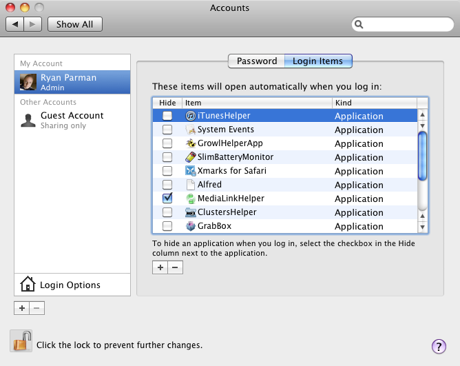 Accounts preference pane